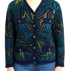 Vintage Mixage Abstract Knit Cardigan M Navy Green 80s Chunky Boxy